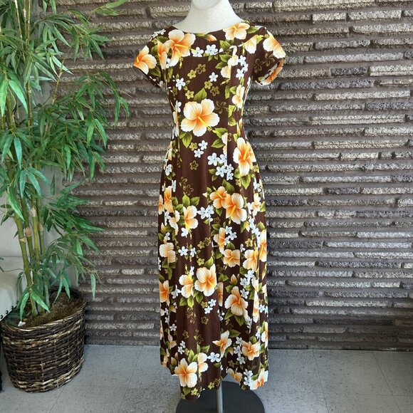 Ui- Maikai Vintage 60s Hawaiian Hibiscus Floral Barkcloth Tiki Dress Draped Back - Picture 5 of 10